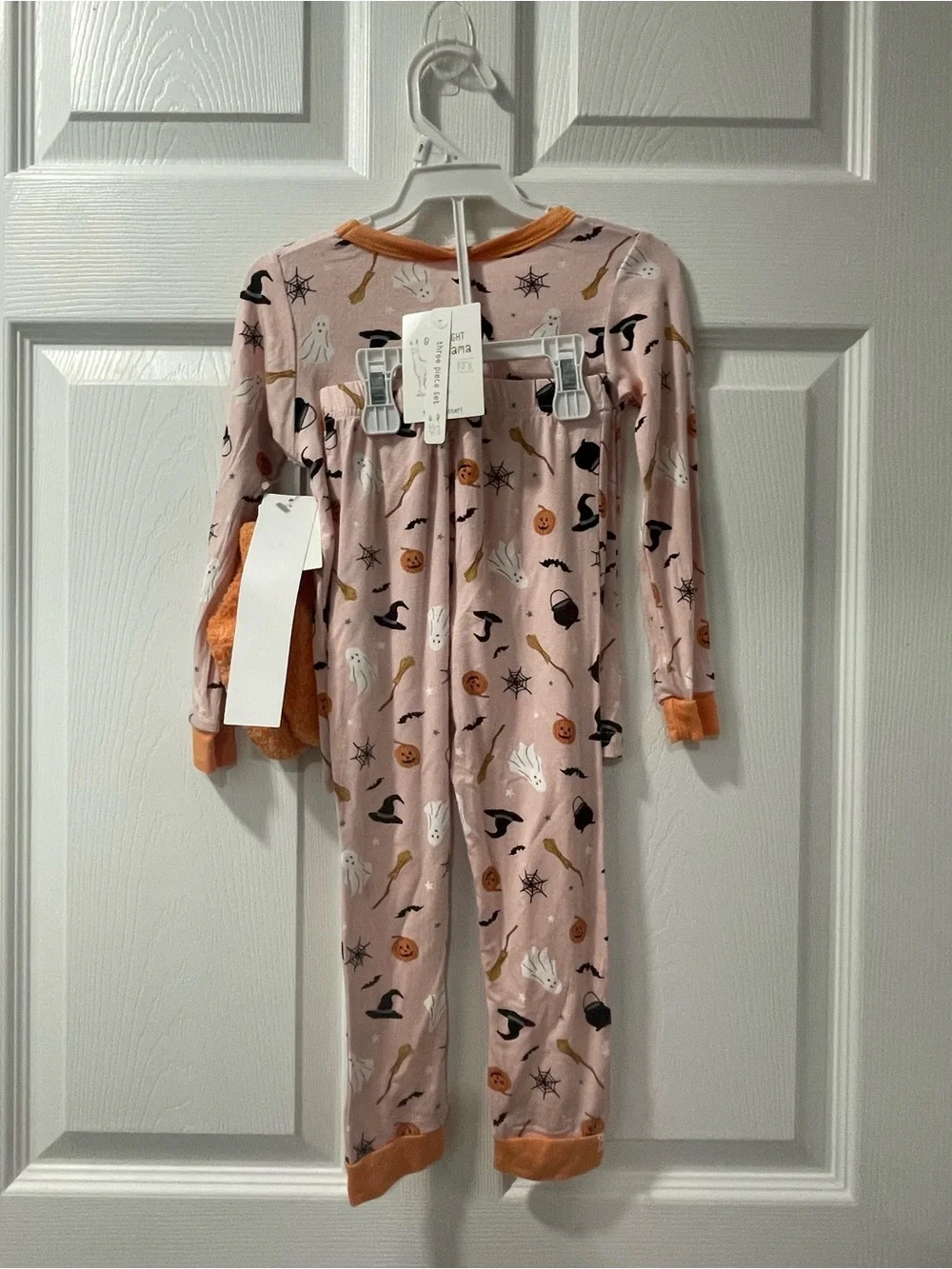 Pink Halloween-Print Kids Pajama Set with Orange Trim